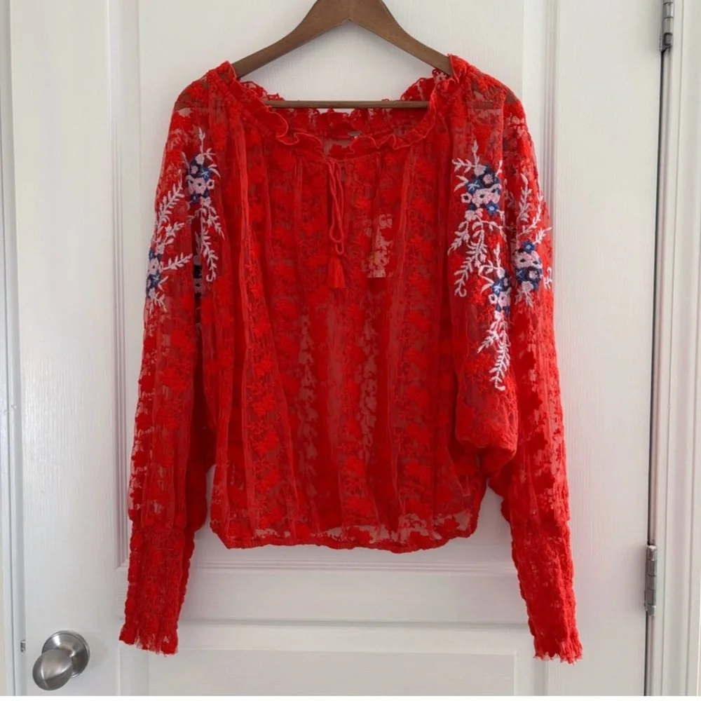 Free People Top Jubilee Floral Embroidered Blouse NWT Red - Picture 10 of 10